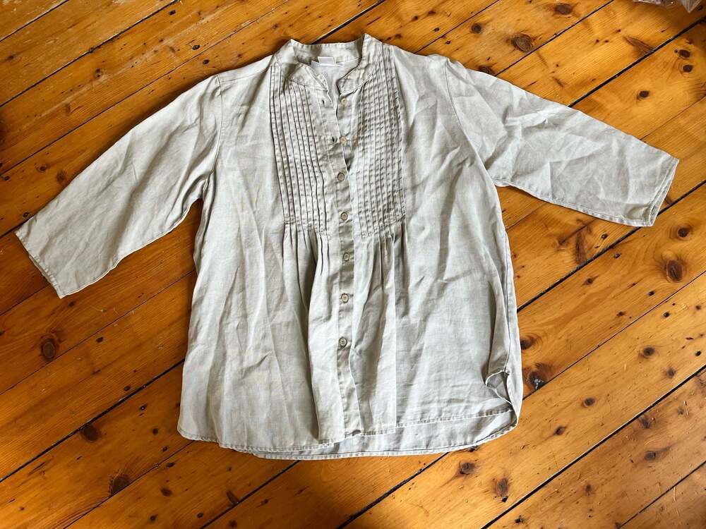 Chadwick's 100% Linen Pintuck Henley Blouse Size 12 Oat